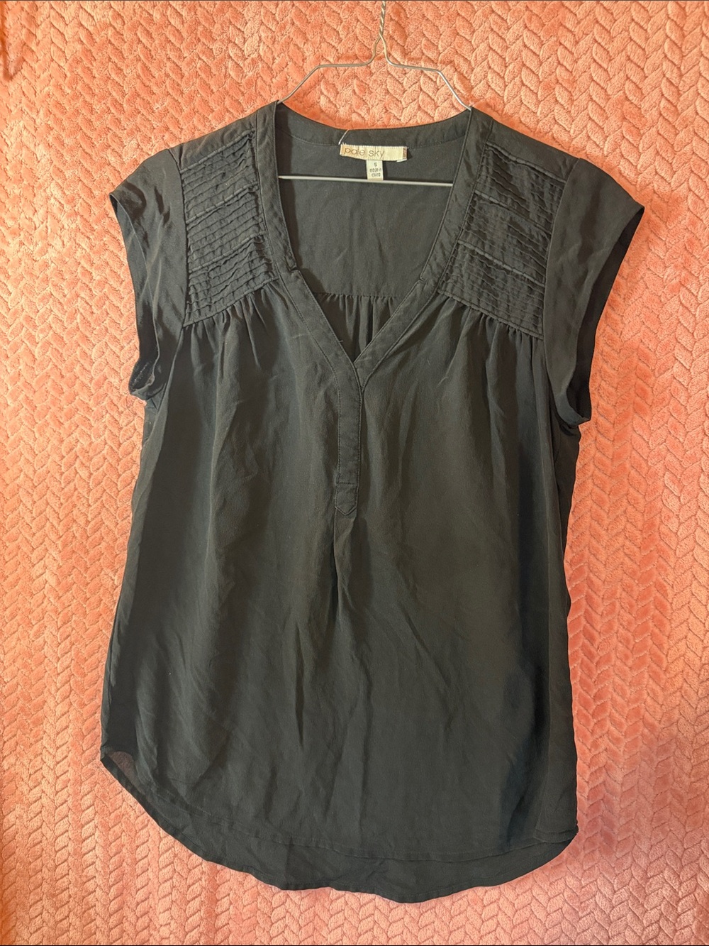 Black Split-Neck Pintuck Cap-Sleeve SILK Blouse
